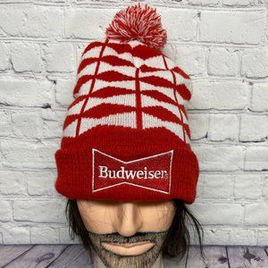 Budweiser Beanie Hat Cap Red White Diamond Pattern Winter Toque Knit POM Top